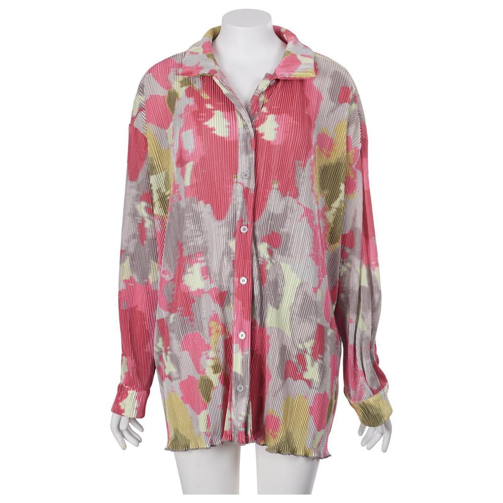 FOREVER 21 Top M Abstract Print Plisse Textured Oversized Button Up Long Sleeve